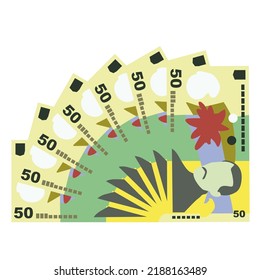 Romanian Leu Vector Illustration. Romania money set bundle banknotes. Paper money 50 RON. Flat style. Isolated on white background. Simple minimal design.