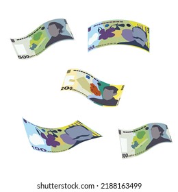 Romanian Leu Vector Illustration. Romania money set bundle banknotes. Falling, flying money 50, 100, 200, 500 RON. Flat style. Isolated on white background. Simple minimal design.