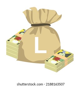 Romanian Leu Vector Illustration. Romania money set bundle banknotes. Money bag 50 RON. Flat style. Isolated on white background. Simple minimal design.
