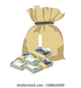 Romanian Leu Vector Illustration. Romania money set bundle banknotes. Money bag 500 RON. Flat style. Isolated on white background. Simple minimal design.