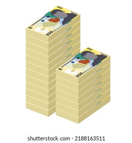 Romanian Leu Vector Illustration. Romania money set bundle banknotes. Paper money 200 RON. Flat style. Isolated on white background. Simple minimal design.