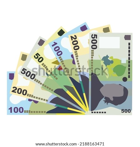 Romanian Leu Vector Illustration. Romania money set bundle banknotes. Paper money 50, 100, 200, 500 RON. Flat style. Isolated on white background. Simple minimal design.