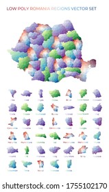 Romanian low poly regions. Polygonal map of Romania with regions. Geometric maps for your design. Beautiful vector illustration.