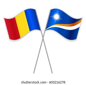 Romanian and Marshallese crossed flags. Romania combined with Marshall Islands isolated on white. Language learning, international business or travel concept.