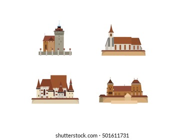 Romanian medieval churches. Flat vector illustration.