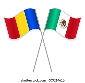 Romanian and Mexican crossed flags. Romania combined with Mexico isolated on white. Language learning, international business or travel concept.