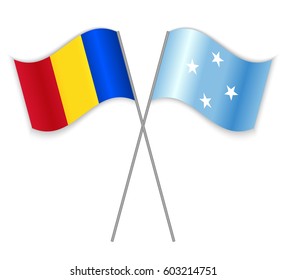 Romanian and Micronesian crossed flags. Romania combined with Micronesia isolated on white. Language learning, international business or travel concept.
