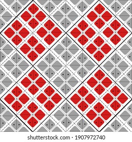 Patrón ininterrumpido rumano y moldavo con cuadrados y líneas rojas tradicionales. Repetitivo fondo europeo oriental para ropa.