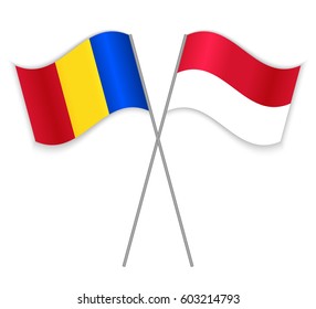 Romanian and Monegasque crossed flags. Romania combined with Monaco isolated on white. Language learning, international business or travel concept.
