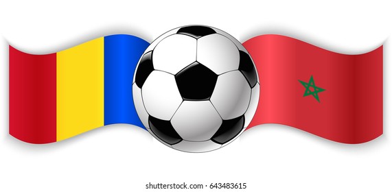 Romanian and Moroccan wavy flags with football ball. Romania combined with Morocco isolated on white. Football match or international sport competition concept.