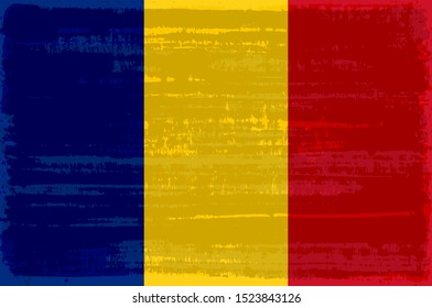 Romanian national flag isolated vector illustration. Travel map design graphic element. Europe county striped symbol. Romanian tricolor flag icon with grunge texture. Flat flag of Romania