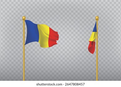 Romanian national flag on flagpole. Tricolor vertical banner representing culture, heritage, and national pride.