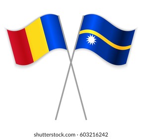 Romanian and Nauruan crossed flags. Romania combined with Nauru isolated on white. Language learning, international business or travel concept.