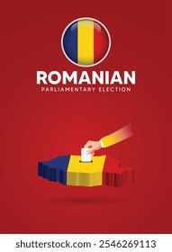 Romanian parliamentary election 2024 hand putting vote in 3D flag map vector poster