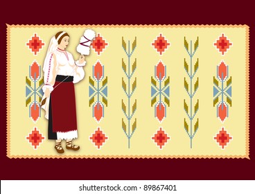 Romanian peasant girl in traditional costume on handicraft carpet background