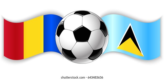 Romanian and Saint Lucian wavy flags with football ball. Romania combined with Saint Lucia isolated on white. Football match or international sport competition concept.