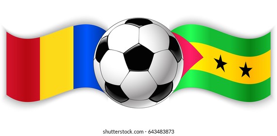 Romanian and Sao Tomean wavy flags with football ball. Romania combined with Sao Tome and Principe isolated on white. Football match or international sport competition concept.