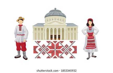 Romanian Traditional Architecture and Male and Female Clothing Fashion Vector Set