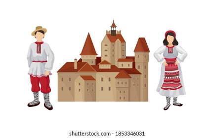 Romanian Traditional Architecture and Male and Female Clothing Fashion Vector Set