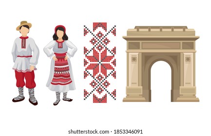 Romanian Traditional Architecture and Male and Female Clothing Fashion Vector Set