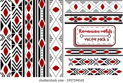 Romanian traditional embroidery with moldavian motifs. Seamless patterns and borders with national knitted balkanic elements. Cross-stitch ukrainian and eastern european ribbons.