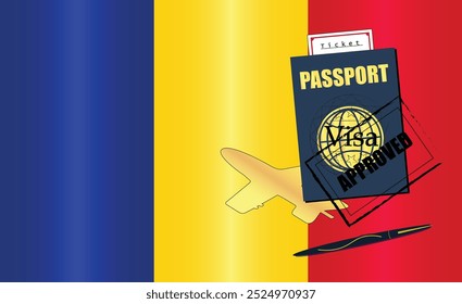 Romanian Travel Documentation Concept with blue Passport and Romania Flag. Approved Stamp. Airplane and Travel Tickets. Ideal for Immigration Tourism and Traveling Themes. Vector EPS available