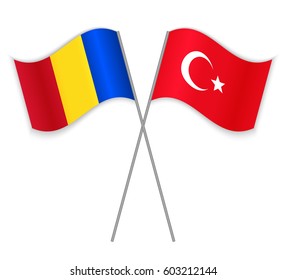 Romanian and Turkish crossed flags. Romania combined with Turkey isolated on white. Language learning, international business or travel concept.