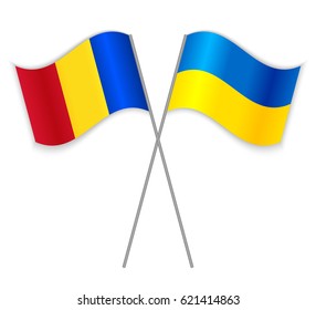 Romanian and Ukrainian crossed flags. Romania combined with Ukraine isolated on white. Language learning, international business or travel concept.