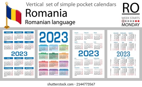 Romanian vertical pocket calendar for 2023 (two thousand twenty three). Week starts Monday. New year. Color simple design. Vector