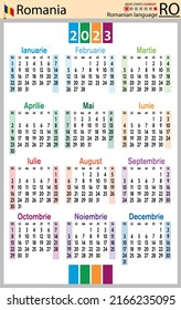 Romanian vertical pocket calendar for 2023 (two thousand twenty three). Week starts Sunday. New year. Color simple design. Vector