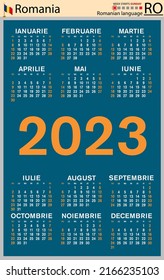 Romanian vertical pocket calendar for 2023 (two thousand twenty three). Week starts Sunday. New year. Color simple design. Vector
