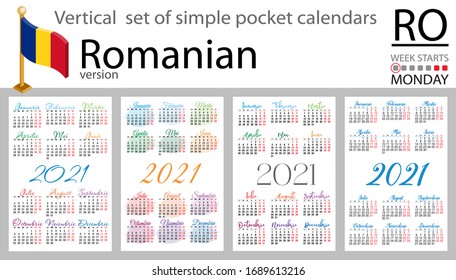 Romanian vertical set of pocket calendars for 2020 (two thousand twenty one). Week starts Monday. New year. Color simple design. Vector