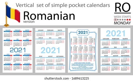 Romanian vertical set of pocket calendars for 2020 (two thousand twenty one). Week starts Monday. New year. Color simple design. Vector