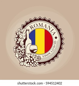 Romanian Wines, round label, patch, with wine bottle and grape vines, vector illustration