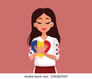 
Mujer rumana sosteniendo una ilustración del vector nacional de la bandera. Hermosa niña de Rumania con un traje tradicional
