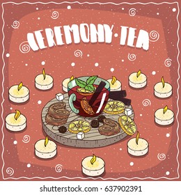 Romanic composition on wooden board, tea with tube of cinnamon, spices and citrus, in transparent mug. Around the candles in heart shape. Hand drawn comic style. Vector illustration
