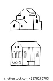 Romanic temples, monuments sketch hand drawn. Religion, churches icon, symbol. Black ink strokes cartoon vector illustration on white background.