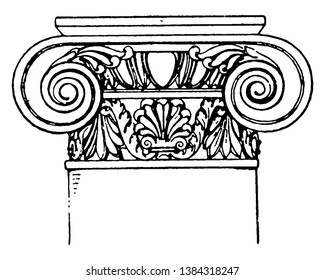 Roman-Ionic Capital,  a design of a scroll rolled on both sides,  with spiral curves, It has an added neck, decorated with a palmette ornament, vintage line drawing or engraving illustration.