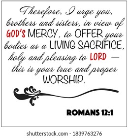Romans 12:1 - In view of God's mercy, offer bodies as living sacrifice vector on white background for Christian encouragement from the New Testament Bible scriptures.