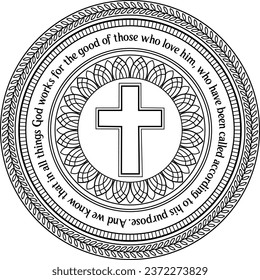 Romans 8:28 NIV verse text inside round decorative outline mandala