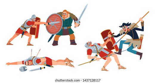 Romans and barbarians fight. Celts, Germans, Thracians, Dacians, Getae, Illyrians, messapi tribes and Slavic tribes, the Goths, the vandals, the Huns. Vector illustration on white isolated background.