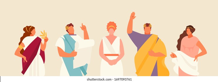 Romans men and women in historical costumes. Character template vector illustration