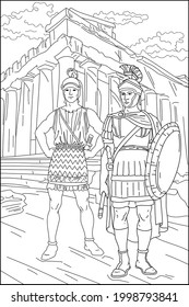 
Romans. Roman soldier. Greece. Ancient world. Engraving.Coloring for adults. Black and white vector illustration.