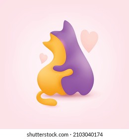 Romantic 3d card with cats for Valentine's Day. Couple in love. Purple cat hugs a yellow kitty on a pink background with hearts. Vector illustration