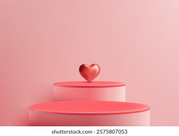 Romantic 3D pink podium with a shiny metallic red heart is the perfect display for Valentines Day, anniversaries, or love related product mockups. Showcases and modern designs