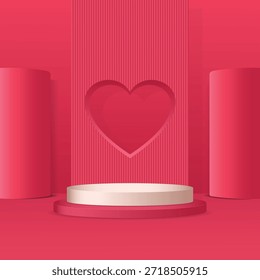 Fondo romántico del podio 3D con diseño de la forma del corazón. Perfecto para tarjetas de felicitación de San Valentín, publicaciones de redes sociales con temas de amor, invitaciones de boda, presentaciones de productos y diseños publicitarios románticos.
