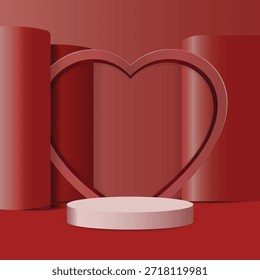 Pódio 3D romântico com fundo de forma do coração para a exposição do produto do Dia dos Namorados. Cena de palco vermelho mínimo perfeito para o amor, casamento, promoção de venda, cosmética e apresentação de presente.