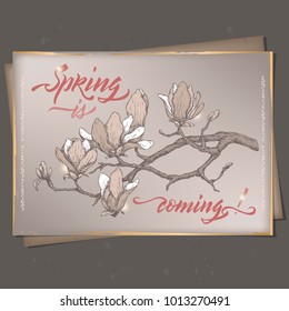 Romantic A4 format vintage greeting card template with Spring is Coming brush calligraphy and magnolia flower sketch. Great for seasonal design.