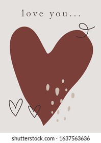 Romantic abstract card or poster in pale rose and pink, beige colors with big abstract heart shape, dots, and doodles. Vertical illustration. Trendy simple shaped, retro. Vector eps
