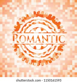 Romantic abstract emblem, orange mosaic background